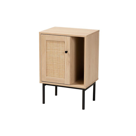 Light Brown and Black 1-Door Cabinet with Woven Rattan Accent