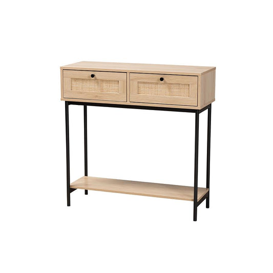 Light Brown  and Black 2-Drawer Console Table with Woven Rattan Accent