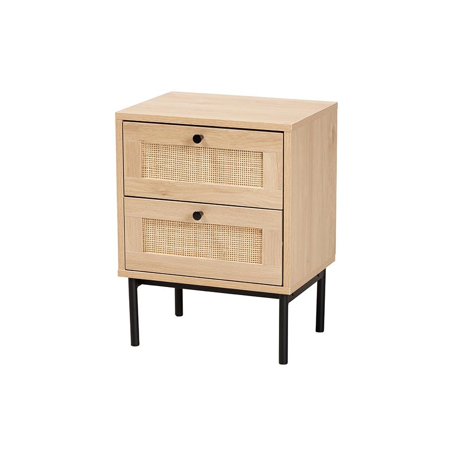 Light Brown and Black 2-Drawer End Table with Woven Rattan Accent