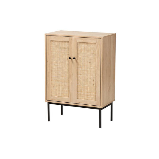 Light Brown and Black 2-Door Storage Cabinet with Woven Rattan Accent