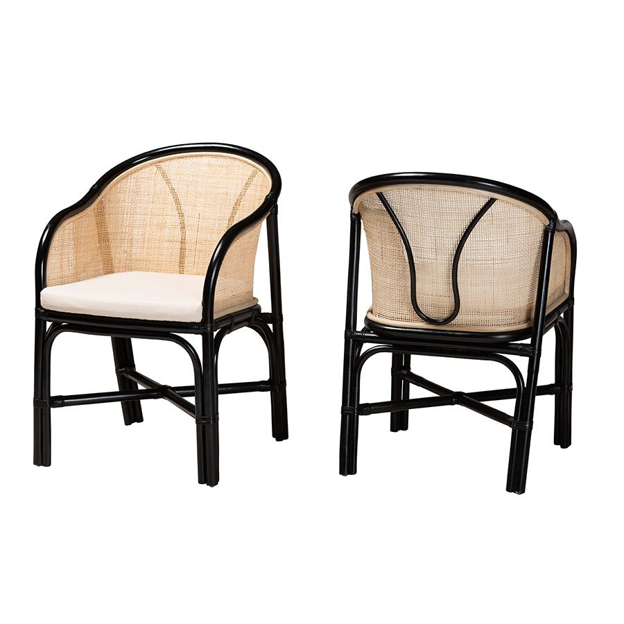 Bohemian Two-Tone Black and Natural Brown Rattan 2-Piece Dining Chair Set