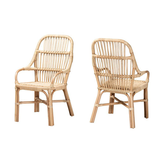 Bohemian Natural Brown Rattan 2-Piece Dining Chair Set