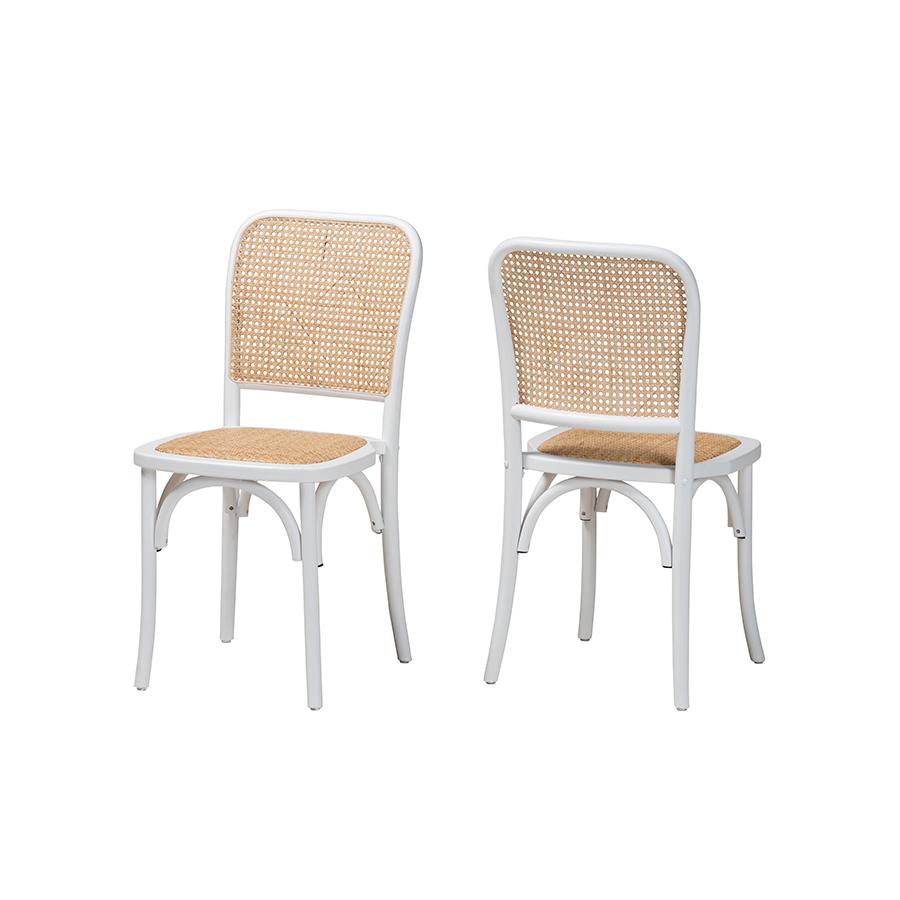 Neah Japandi White Wood and Natural Rattan 2-Piece Dining Chair Set