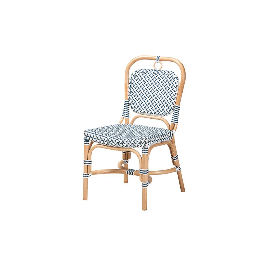 French Blue and White Weaving Natural Rattan Bistro Chair