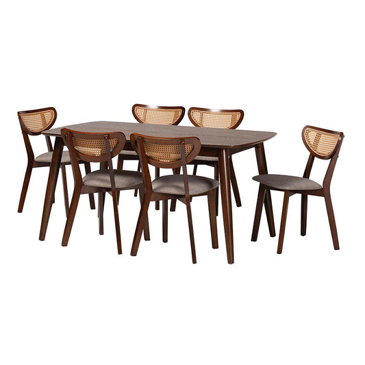 Grey Fabric and Walnut Brown Finished Wood 7-Piece Dining Set