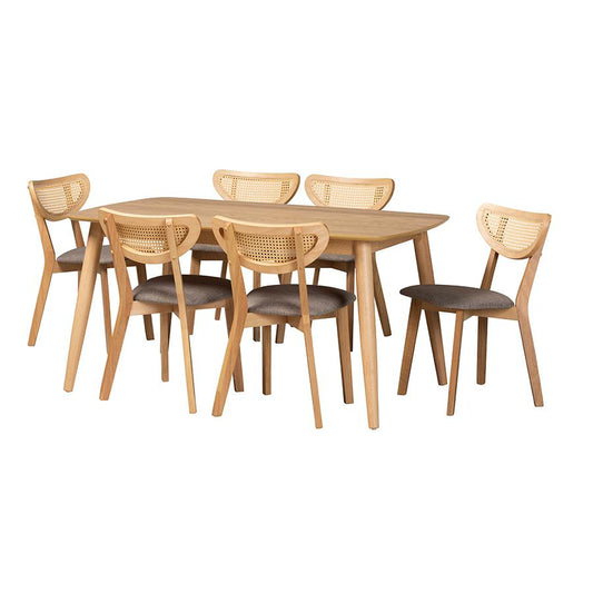 Grey Fabric and Natural Oak Finished Wood 7-Piece Dining Set