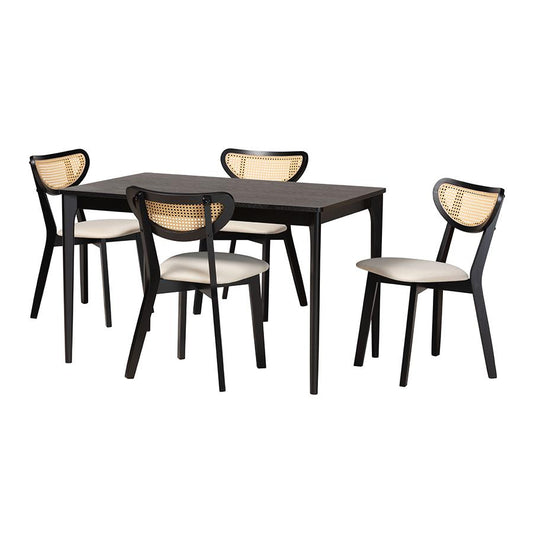 Cream Fabric and Black Finished Wood 5-Piece Dining Set