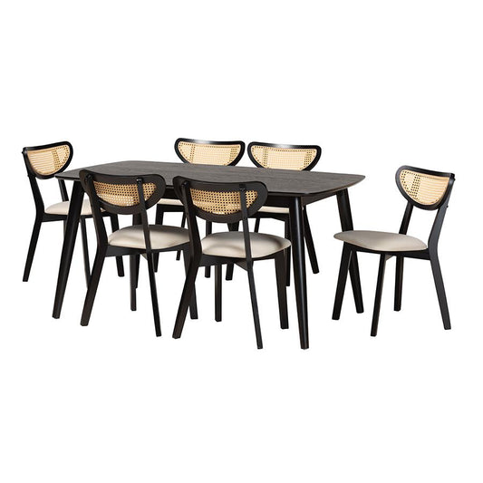 Cream Fabric and Black Finished Wood 7-Piece Dining Set