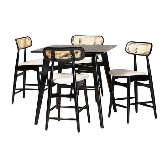 Tarana Mid-Century Modern Cream Fabric and Black Finished Wood 5-Piece Pub Set