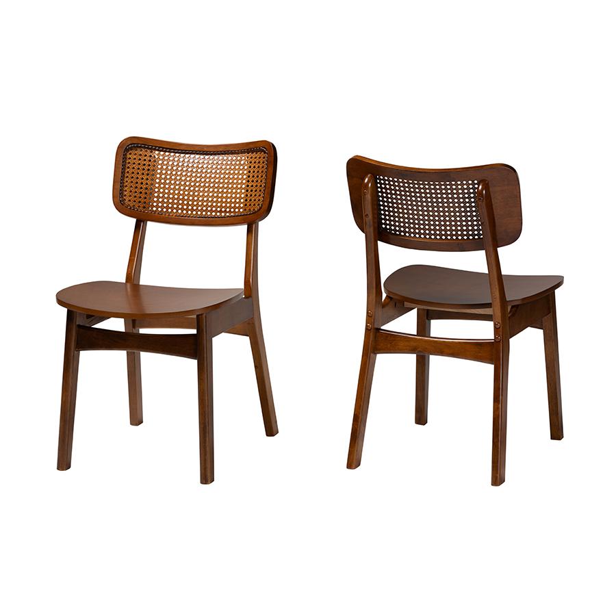 Walnut Brown Finished Wood and Rattan 2-Piece Dining Chair Set