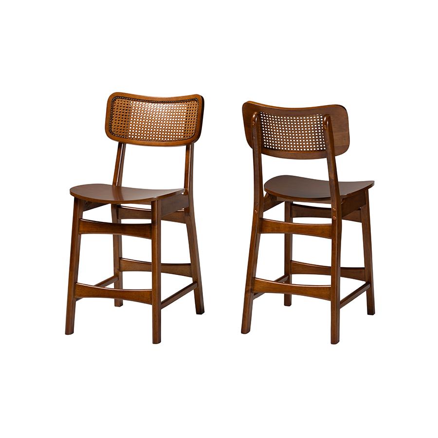 Walnut Brown Finished Wood and Rattan 2-Piece Counter Stool Set