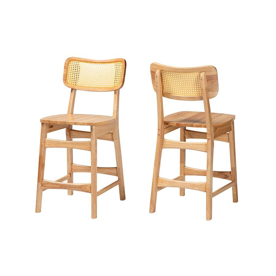 Oak Brown Finished Wood and Rattan 2-Piece Counter Stool Set