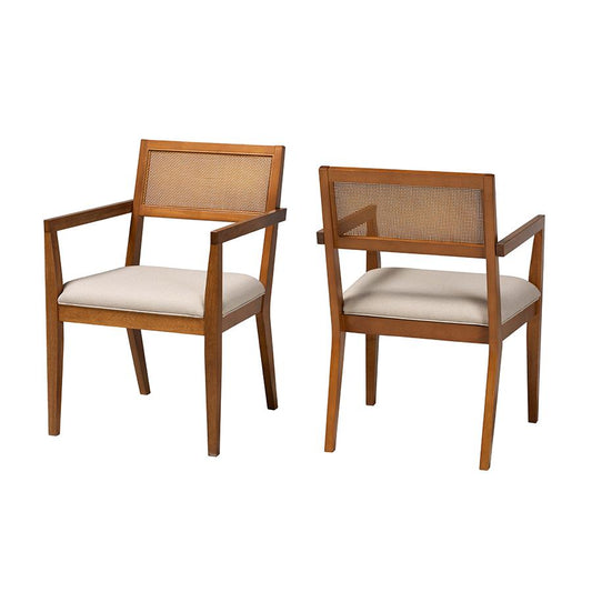 Beige Fabric and Walnut Brown Finished Wood 2-Piece Arm Chair Set