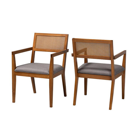 Modern Japandi Grey Fabric and Walnut Brown Finished Wood 2-Piece Arm Chair Set