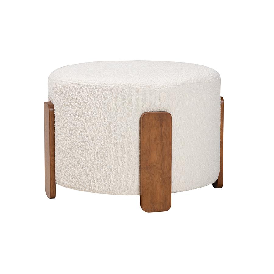 Japandi Cream Boucle Fabric and Walnut Brown Finished Wood Ottoman Footstool