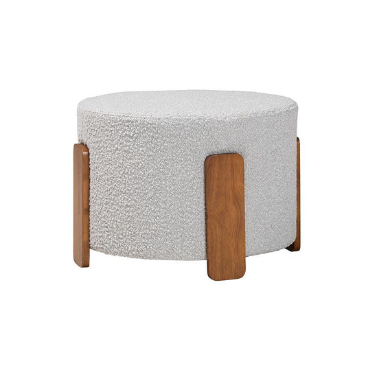 Light Grey Boucle Fabric and Walnut Brown Finished Wood Ottoman Footstool