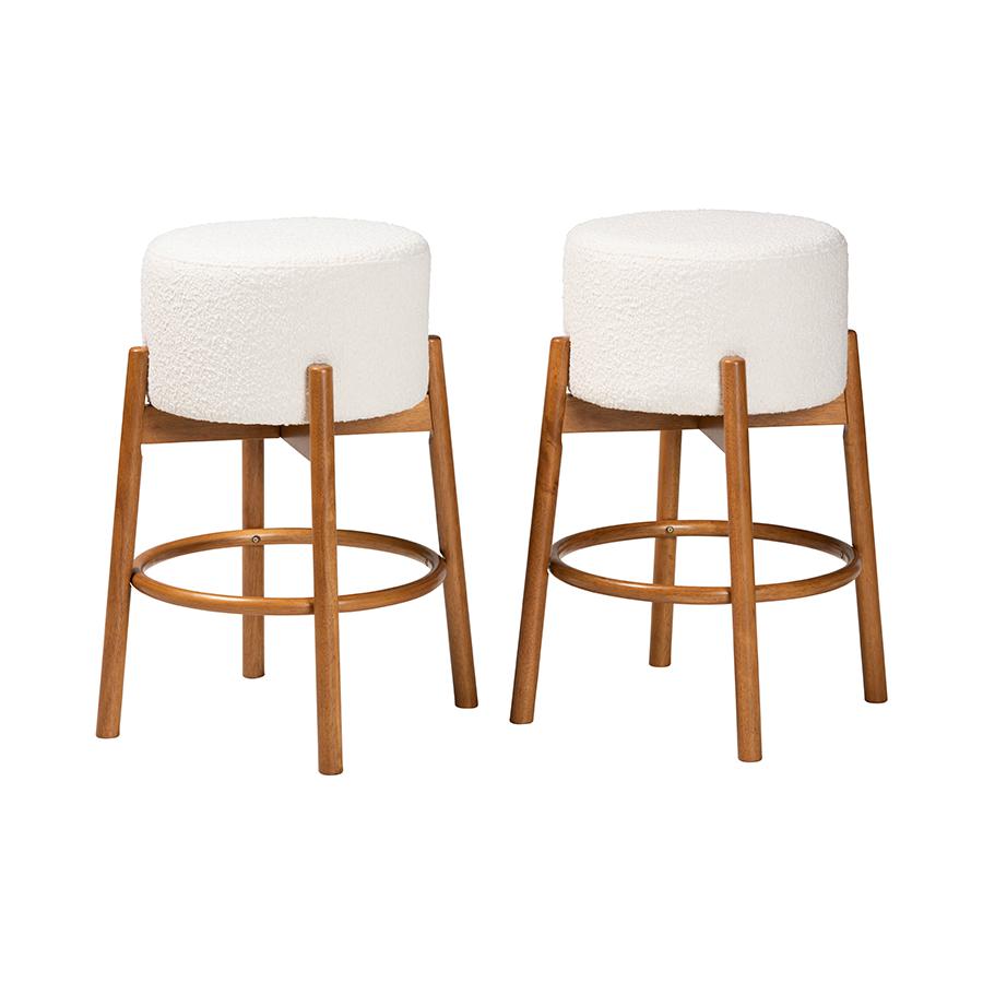 Japandi Cream Boucle Fabric and Walnut Brown Finished Wood 2-Piece Bar Stool Set