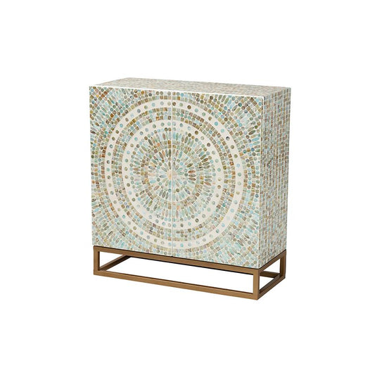 Bohemian Multicolor Mother of Pearl and Gold Metal Storage Cabinet