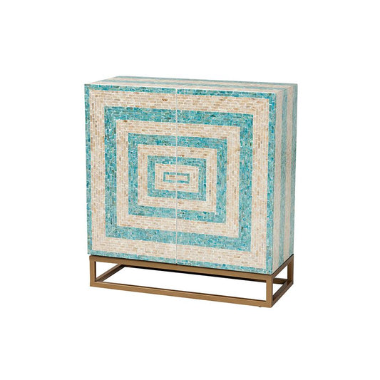 Bohemian Two-Tone Beige and Blue Mother of Pearl and Gold Metal Storage Cabinet