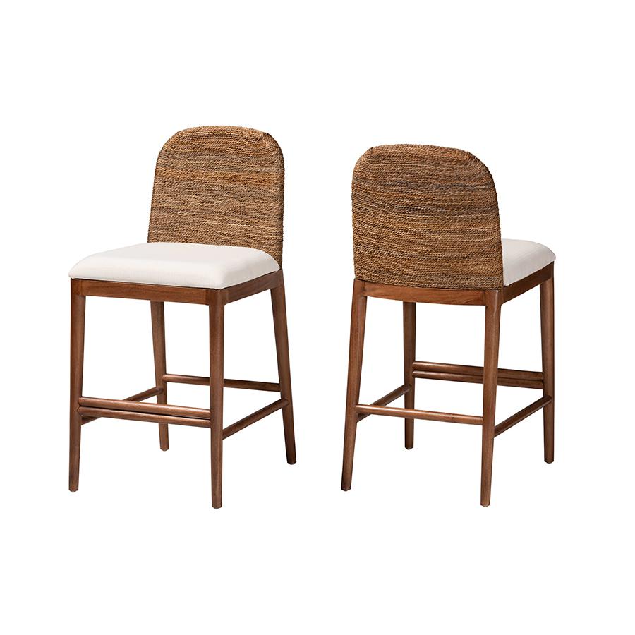 Modern Bohemian Natural Seagrass and Acacia Wood 2-Piece Counter Stool Set