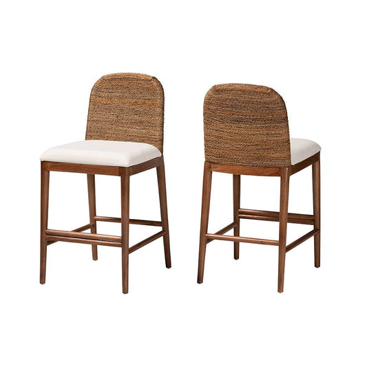 Modern Bohemian Natural Seagrass and Acacia Wood 2-Piece Counter Stool Set