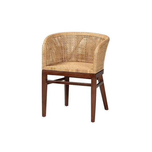 Papua Modern Bohemian Natural Rattan and Walnut Brown Acacia Wood Dining Chair