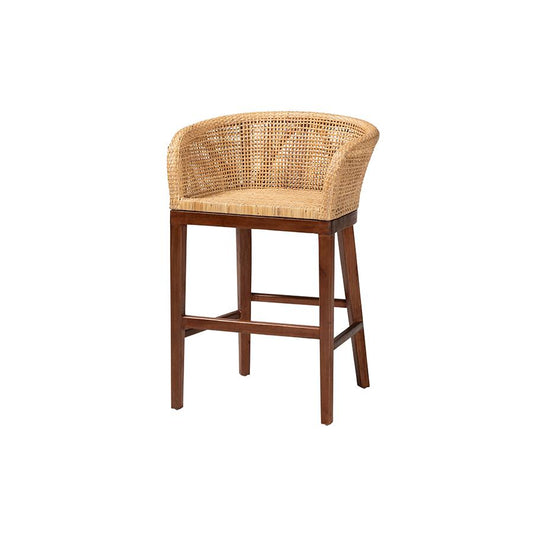 Papua Modern Bohemian Natural Rattan and Walnut Brown Acacia Wood Counter Stool