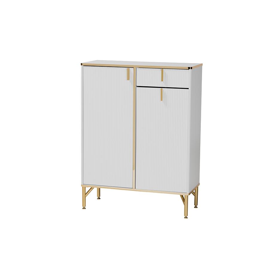 Lilac Modern Glam White Wood and Gold Metal 2-Door Shoe Cabinet