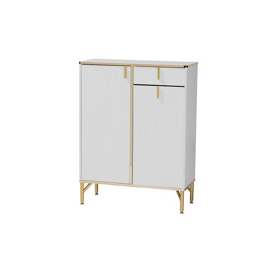 Lilac Modern Glam White Wood and Gold Metal 2-Door Shoe Cabinet