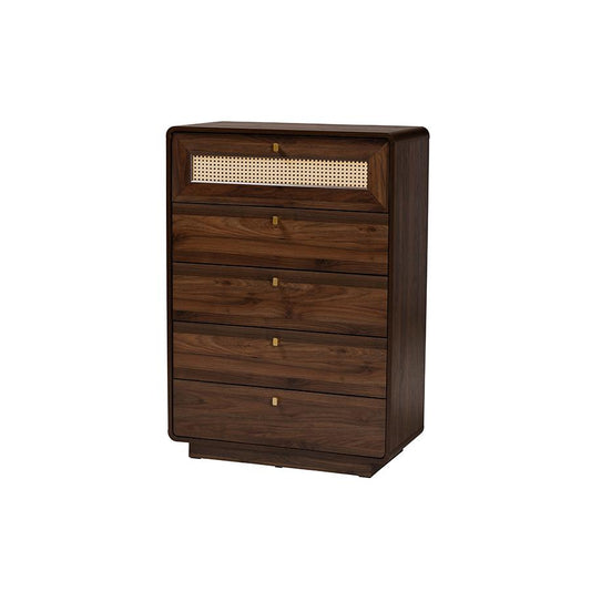 Jenibelle Classic Walnut Brown Wood 5-Drawer Chest with Rattan Drawer