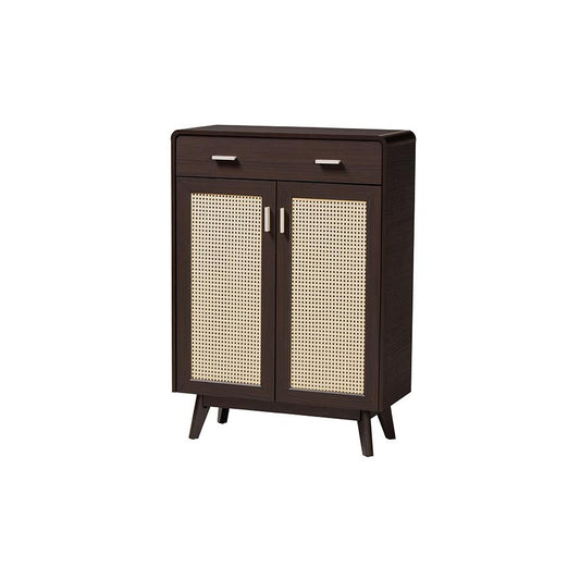 Mid-Century Modern Espresso Brown Wood 2-Door Shoe Cabinet with Rattan Door