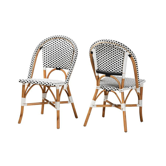 French Black and White Weaving and Natural Brown Rattan 2-Piece Bistro Chair Set