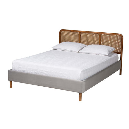 Light Grey Velvet Fabric and Walnut Brown Finished Wood Queen Size Platform Bed