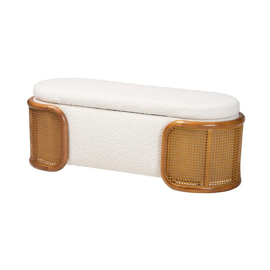 Baxton Studio Basira Japandi Cream Boucle Fabric Storage Bench with Woven Rattan