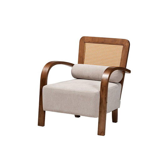 Modern Japandi Light Grey Fabric and Walnut Brown Finished Wood Arm Chair