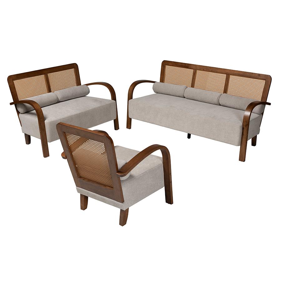 Japandi Light Grey Fabric and Walnut Brown Finished Wood 3-Piece Living Room Set