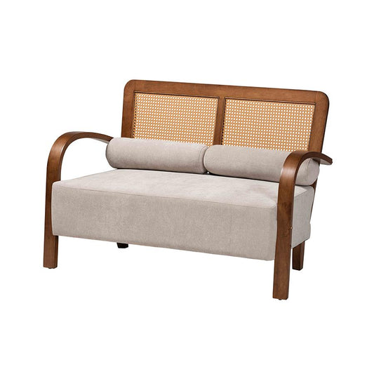 Sage Modern Japandi Light Grey Fabric and Walnut Brown Finished Wood Loveseat