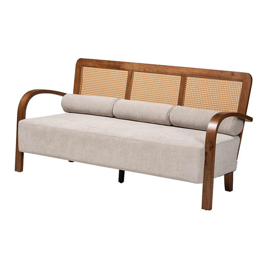 Sage Modern Japandi Light Grey Fabric and Walnut Brown Finished Wood Sofa