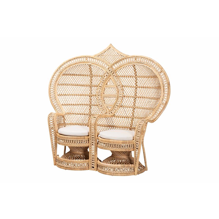 Nerita Modern Bohemian Natural Brown Rattan Two-Seater Peacock Chair