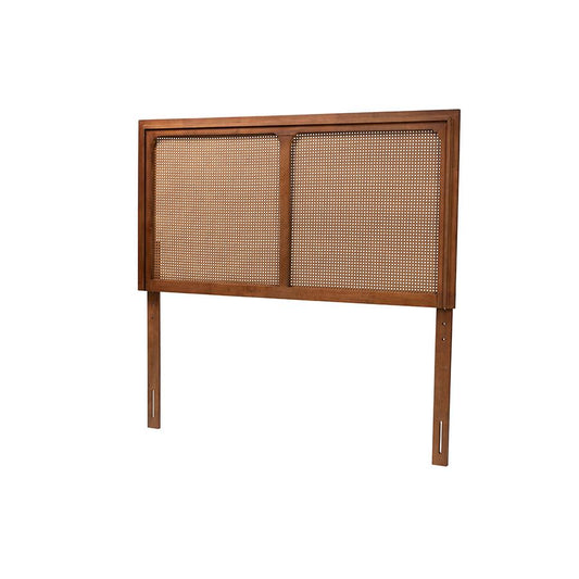 Ash Walnut Finished Wood Queen Size Headboard with Rattan