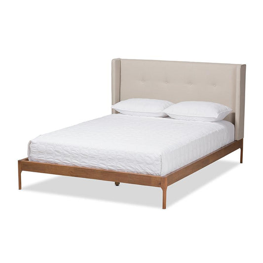 Brooklyn Mid-Century Modern Walnut Wood Beige Fabric Queen Size Platform Bed