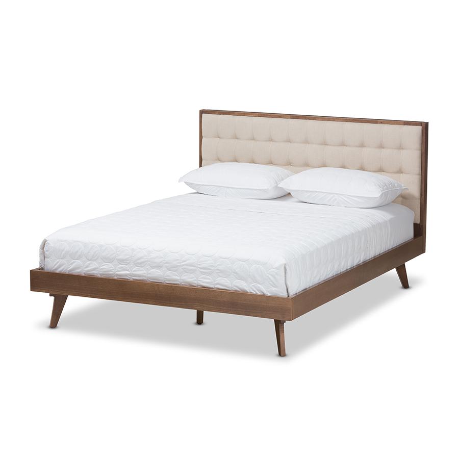 Light Beige Fabric and Walnut Brown Finished Wood Queen Size Platform Bed