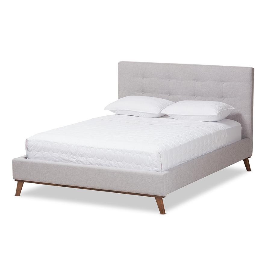 Valencia Mid-Century Modern Greyish Beige Fabric Queen Size Platform Bed