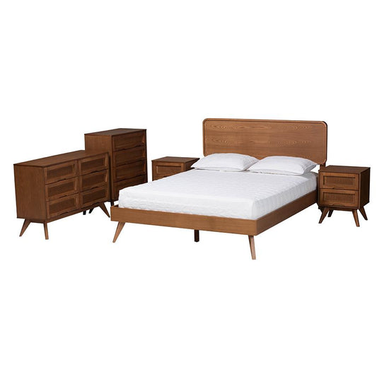 Mid-Century Modern Walnut Brown Finished Wood Queen Size 5-Piece Bedroom Set