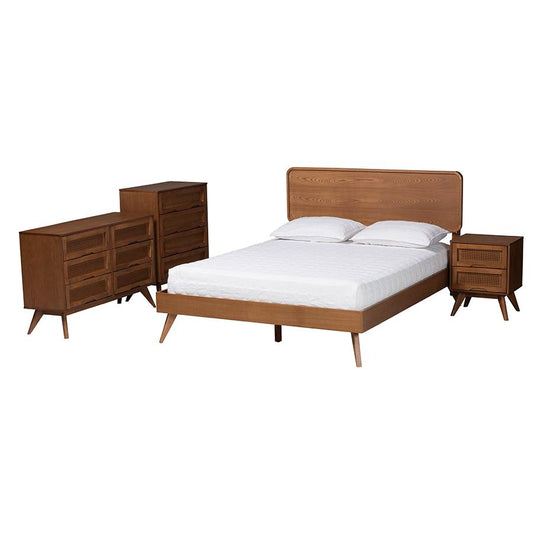 Mid-Century Modern Walnut Brown Finished Wood Queen Size 4-Piece Bedroom Set