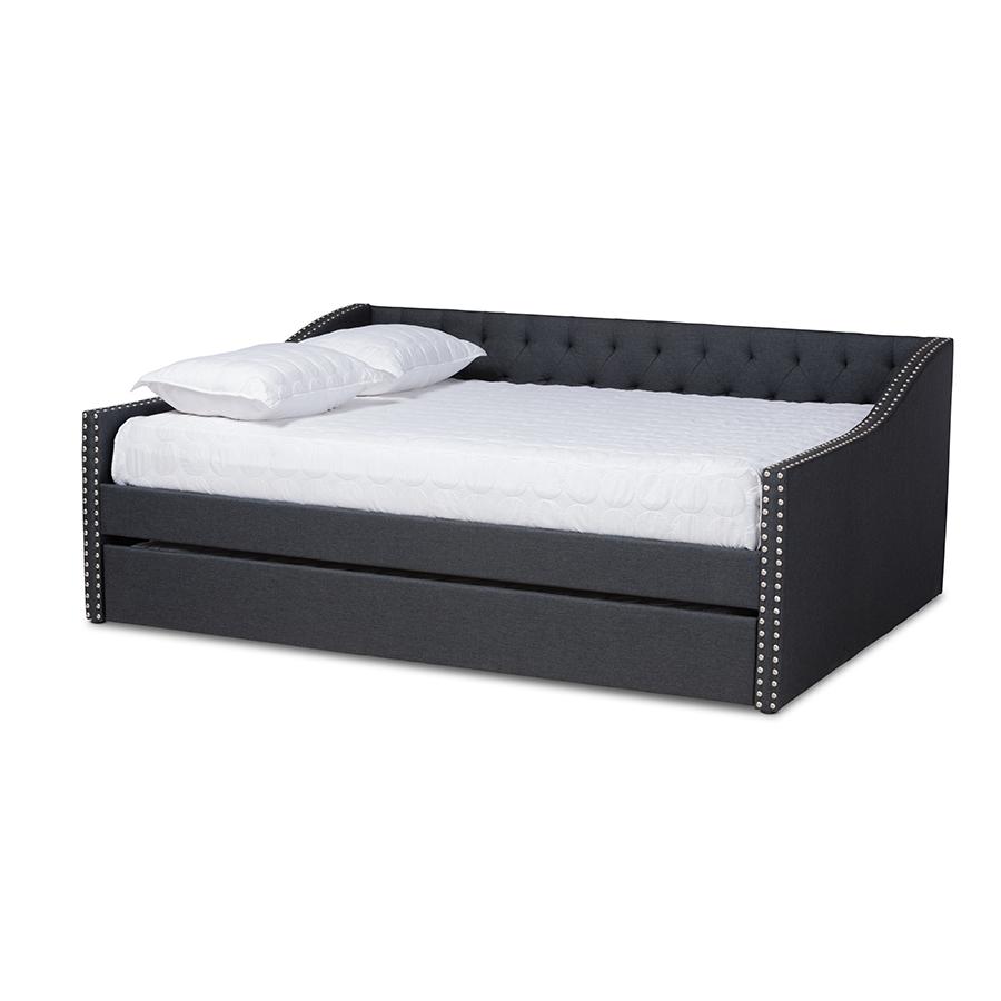 Dark Grey Fabric Upholstered Queen Size Daybed with Roll-Out Trundle Bed