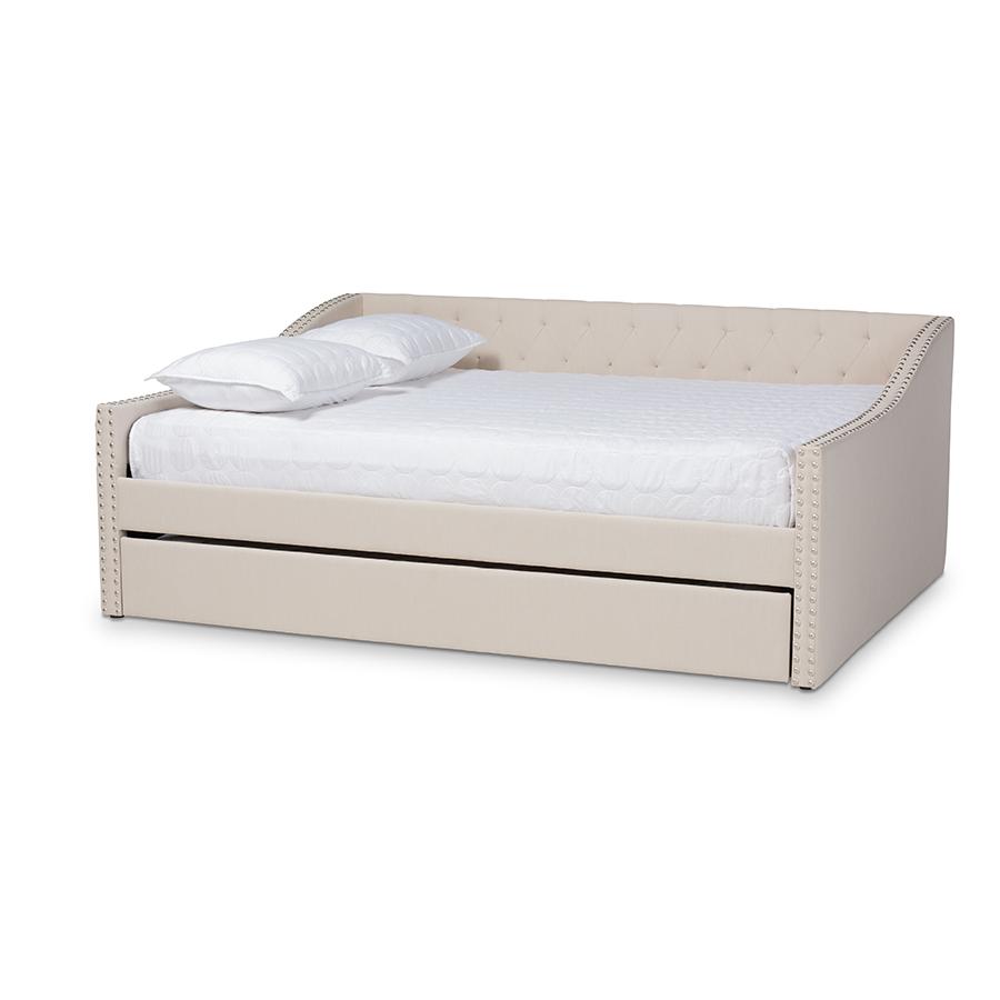 Beige Fabric Upholstered Queen Size Daybed with Roll-Out Trundle Bed