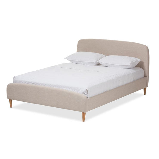 Mia Mid-Century Light Beige Fabric Upholstered Queen Size Platform Bed