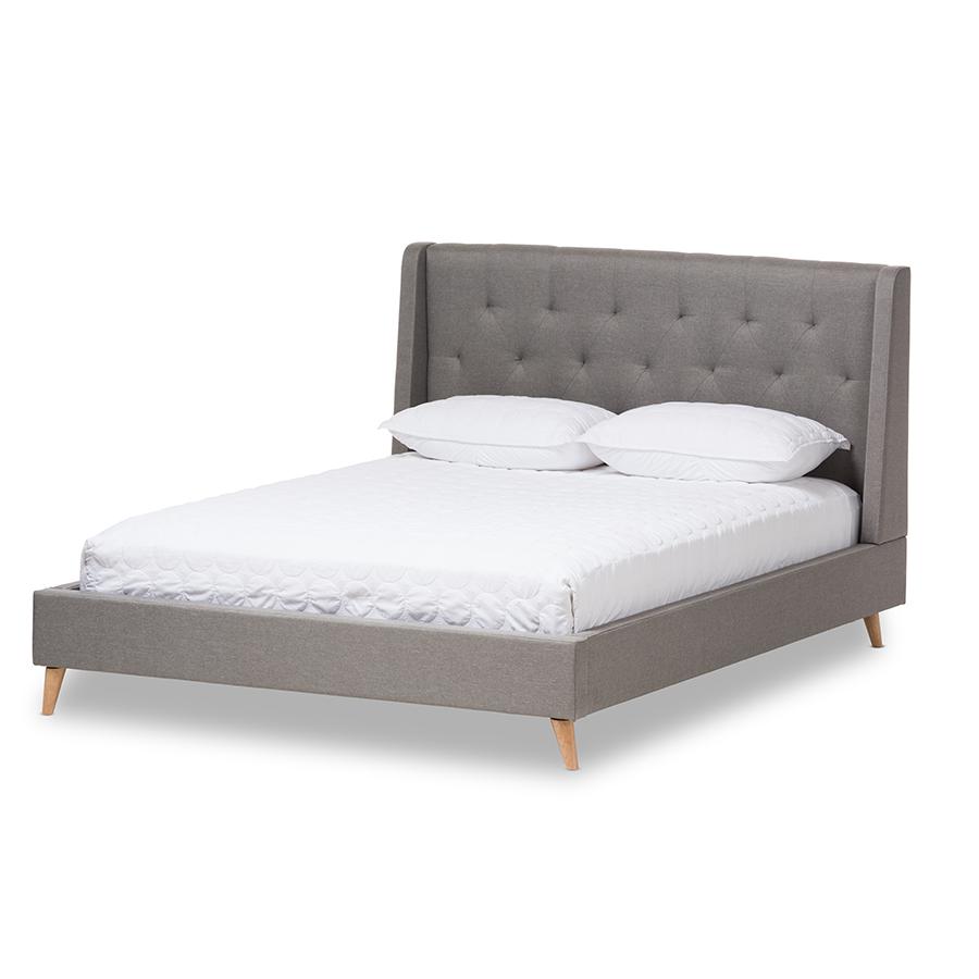 Adelaide Retro Modern Light Grey Fabric Upholstered King Size Platform Bed