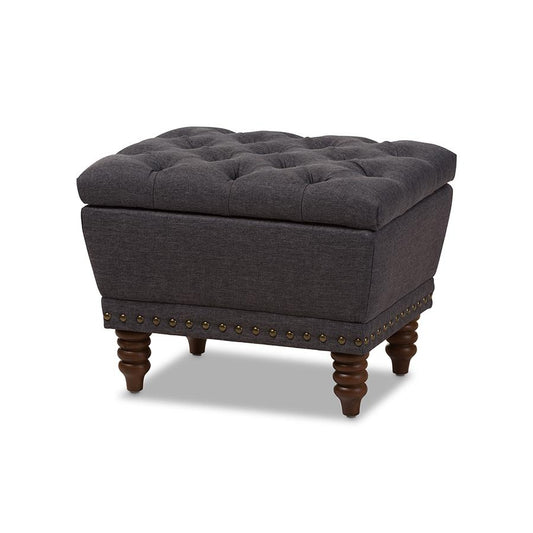 Dark Grey Fabric Upholstered Walnut Wood Finished Button-Tufted Storage Ottoman